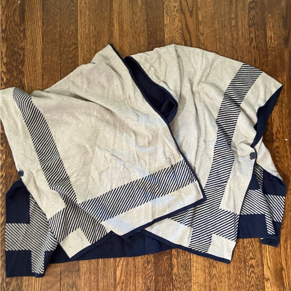 Reversible Beige and Navy Striped Poncho
